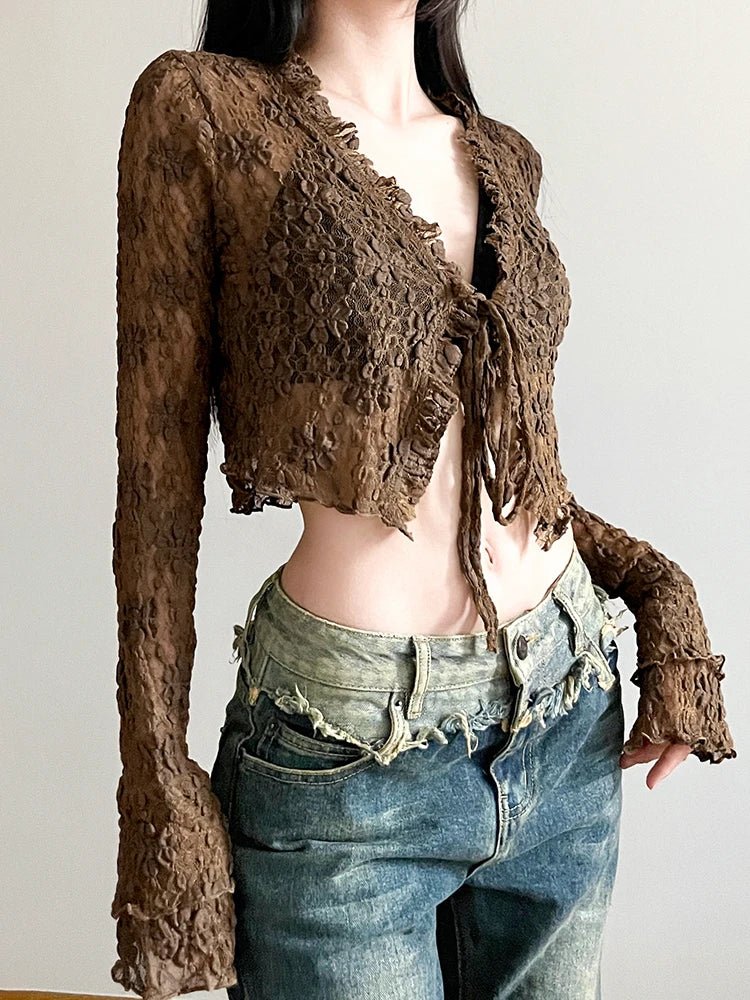 Brown Lace V - neck Shirt - Shirts