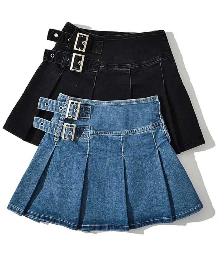 Buckle Denim Mini Skirt - Denim Skirt