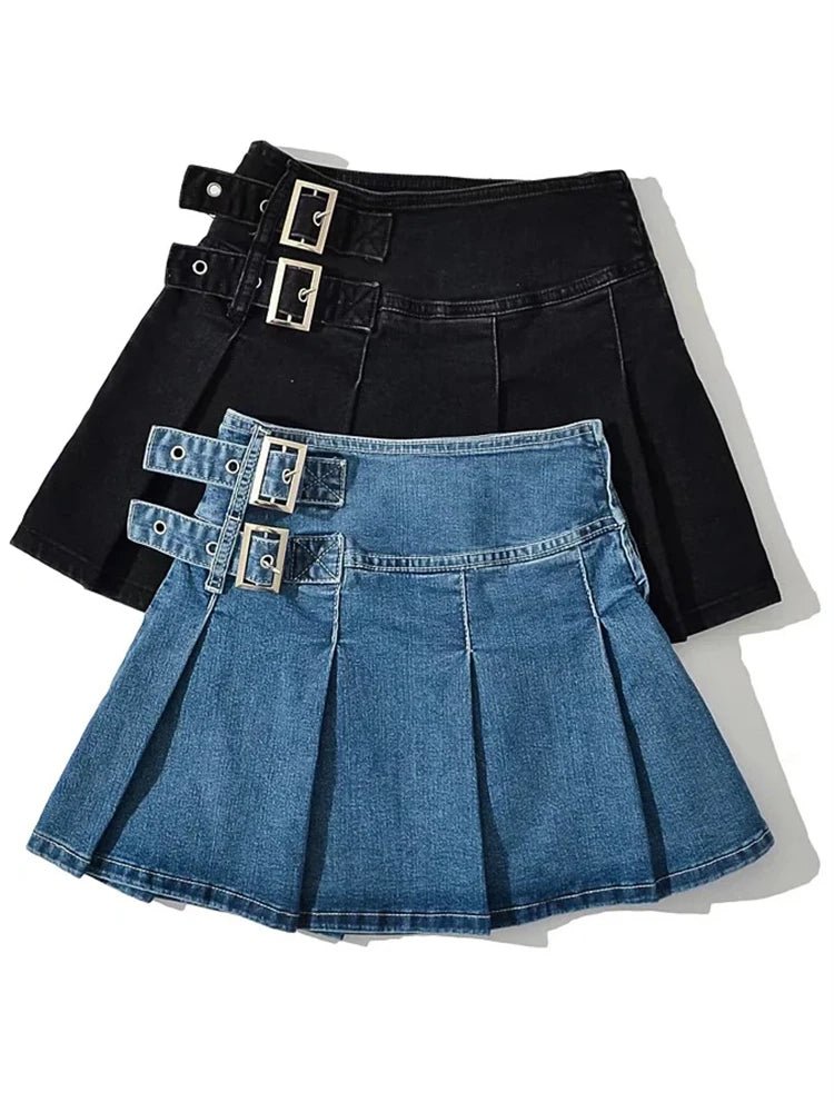 Buckle Denim Mini Skirt - Denim Skirt