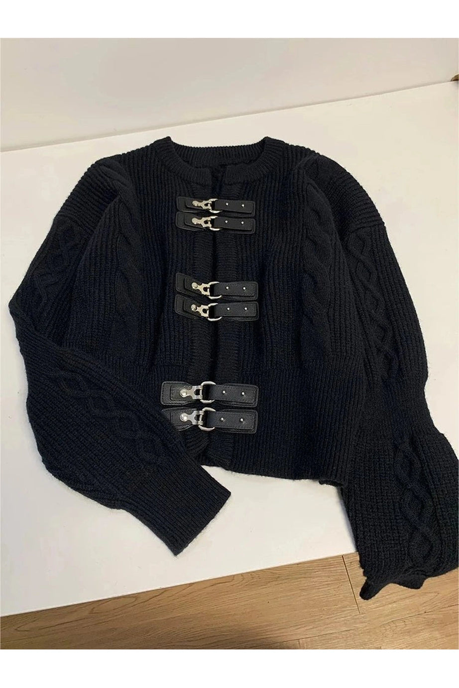 Buckled Cable Knit Cropped Sweater - Sweaters