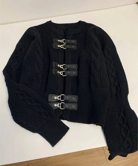 Buckled Cable Knit Cropped Sweater - Sweaters