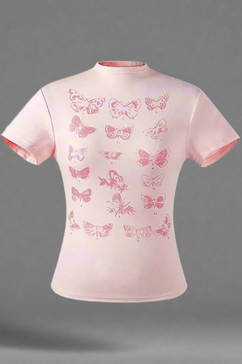 Butterfly Cotton Y2k Top pink Shoptery