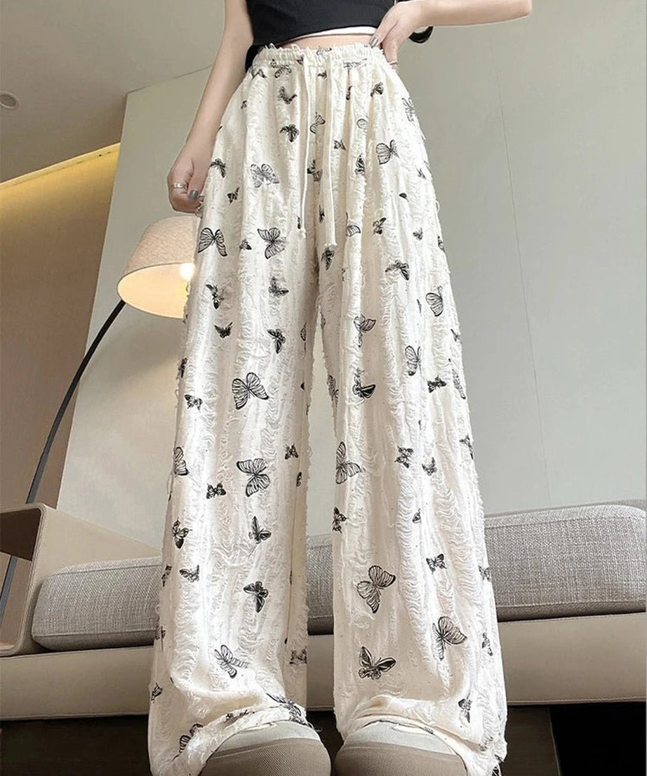 Butterfly Embroidered Wide - Leg Pants - Pants