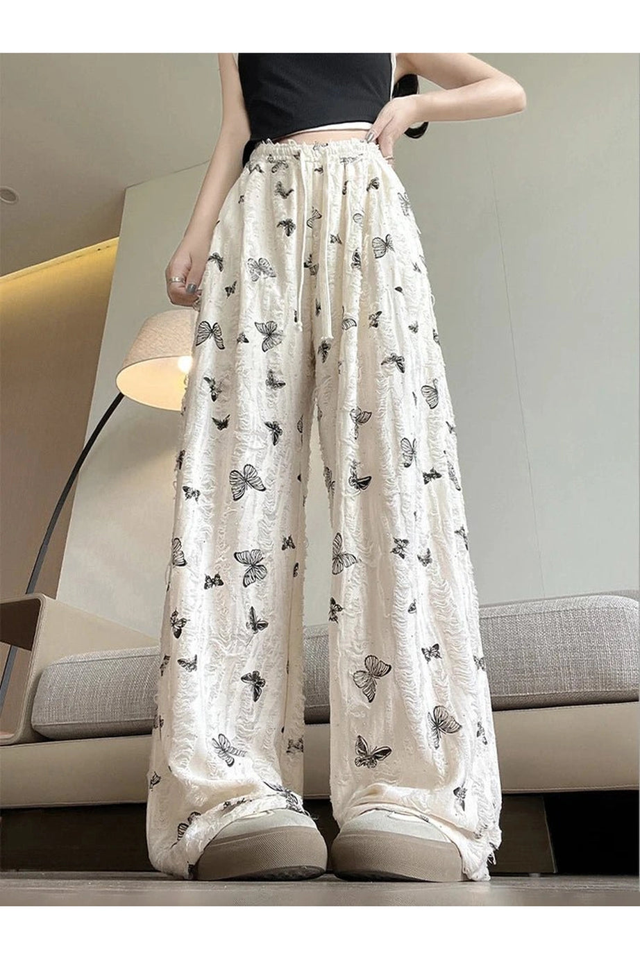 Butterfly Embroidered Wide - Leg Pants - Pants