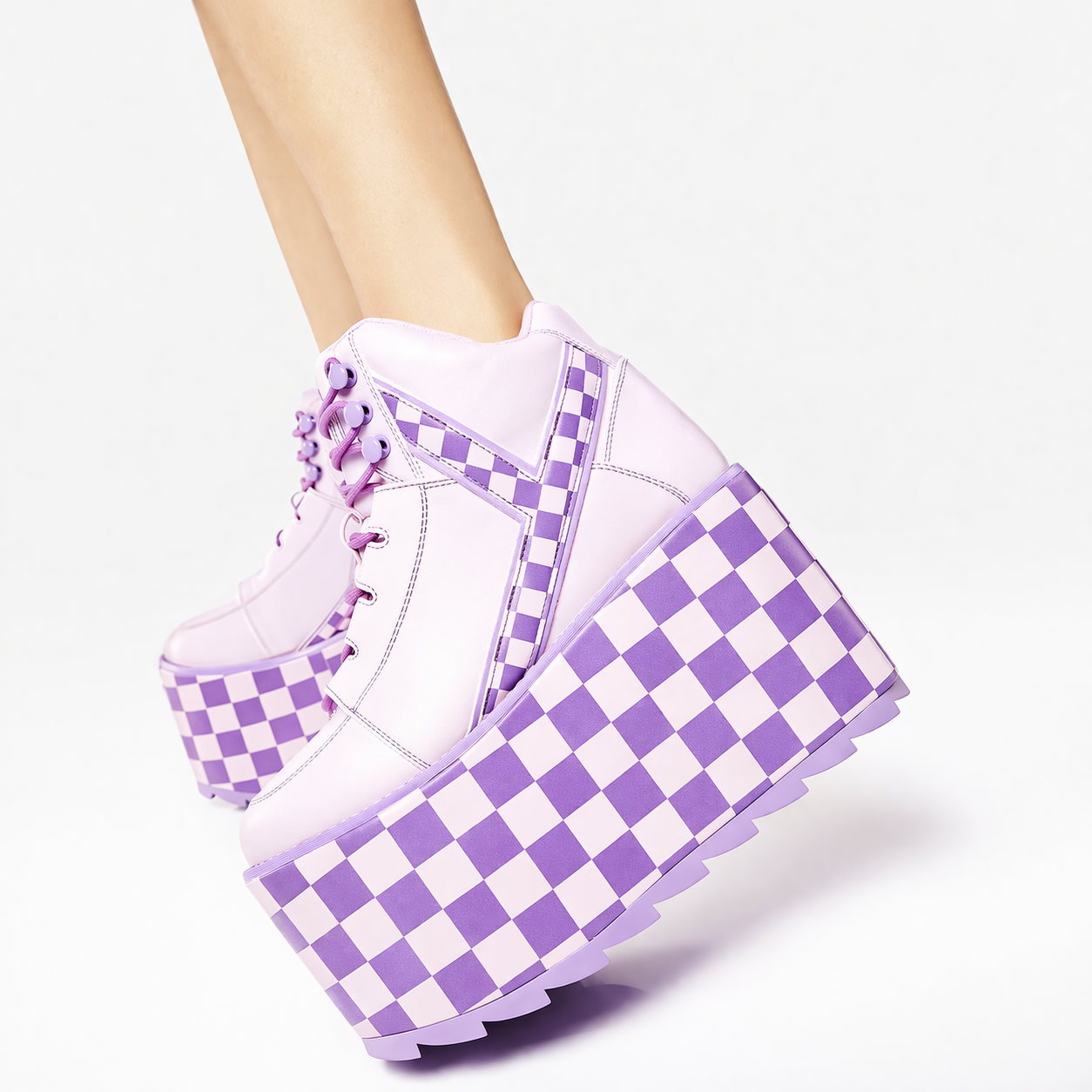 Fairy Kei Pink & Purple Checkerboard Chunky Platform Ankle Boots Shoptery