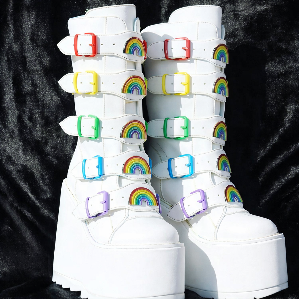 Decora Rainbow Heart Multi-Buckle Platform Mid-Calf Boots in Pink white rainbow China Mainland Shoptery
