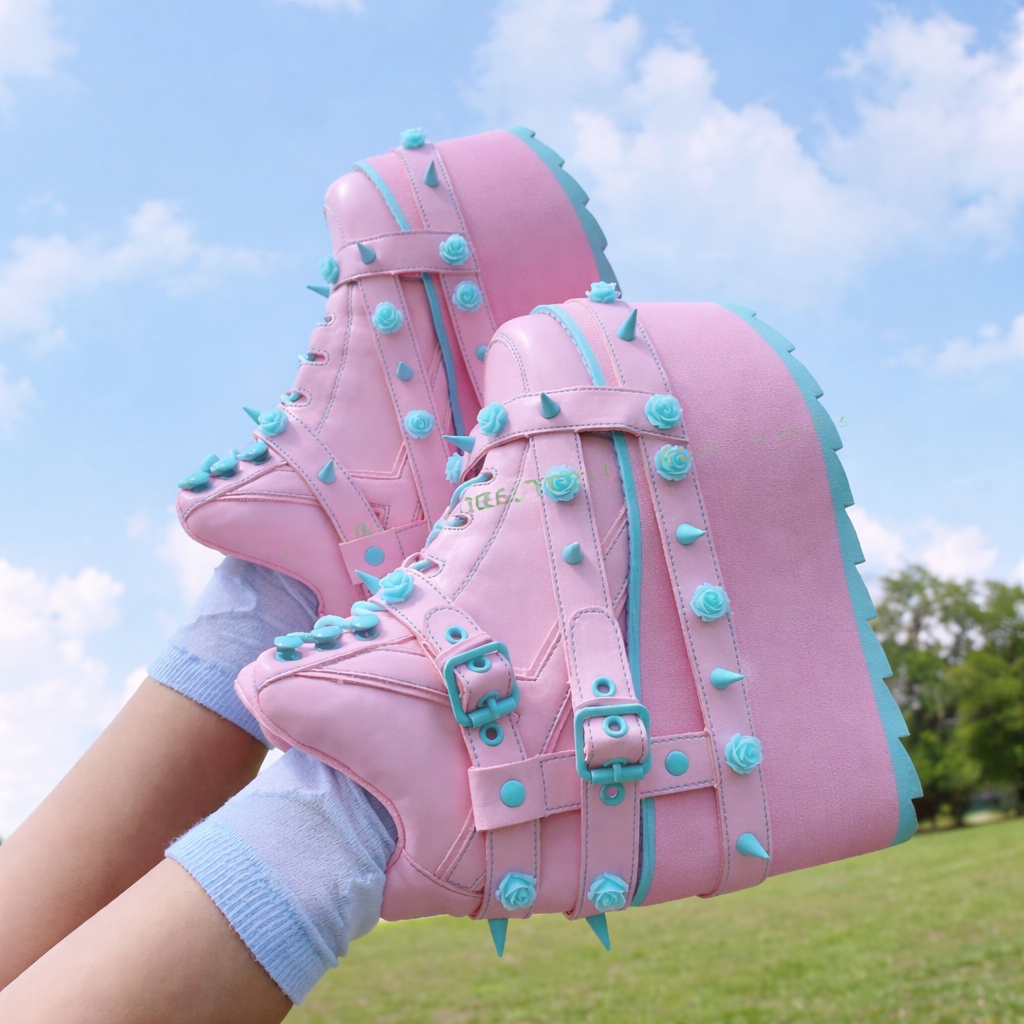 Jirai Kei Pastel Pink Platform Boots with Teal Spikes & Roses Shoptery