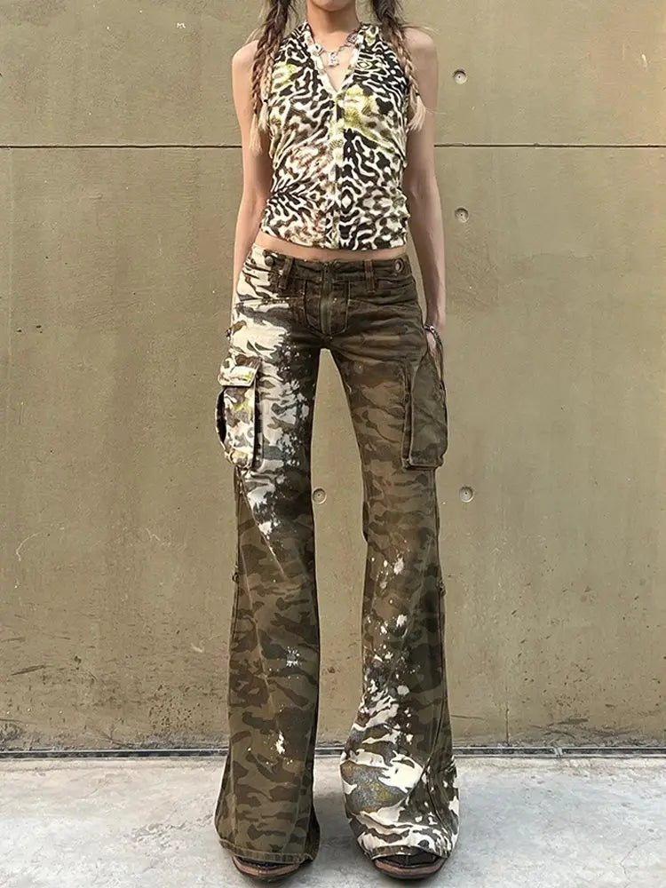 Camo Chaos Y2k Flare Pants Brown Shoptery