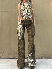 Camo Chaos Y2k Flare Pants Brown Shoptery
