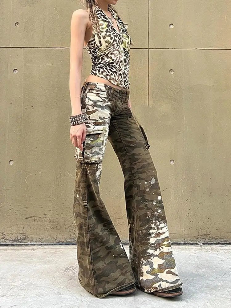 Camo Chaos Y2k Flare Pants Shoptery
