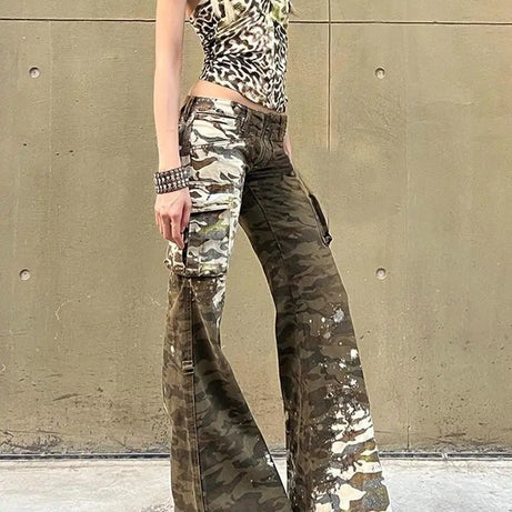 Camo Chaos Y2k Flare Pants Shoptery
