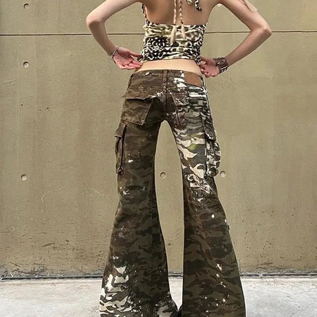 Camo Chaos Y2k Flare Pants Shoptery