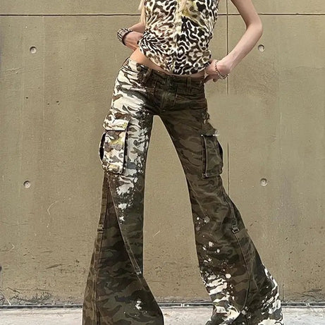 Camo Chaos Y2k Flare Pants Shoptery