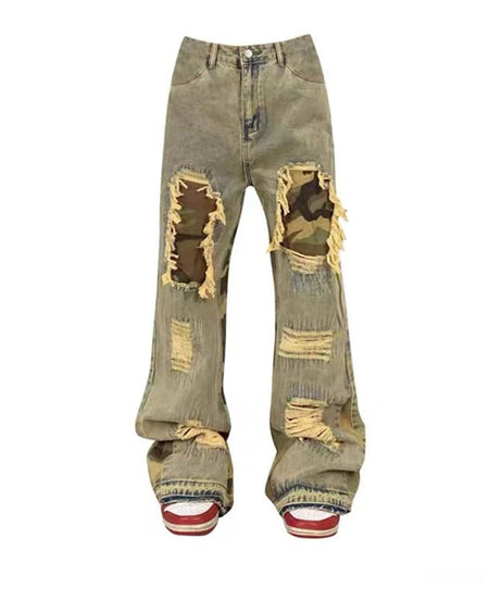 Camo Patchwork Distressed Jeans - 