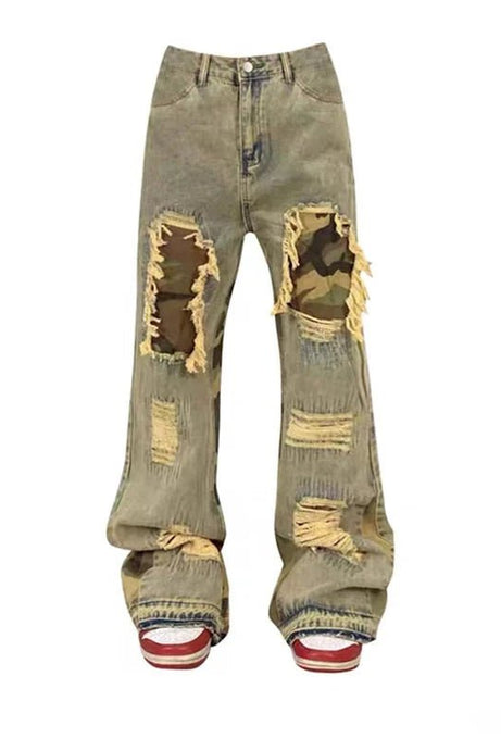 Camo Patchwork Distressed Jeans - 