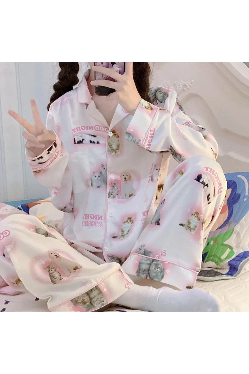 Kawaii Cartoon Cat Pajama Set long tops long pants Shoptery
