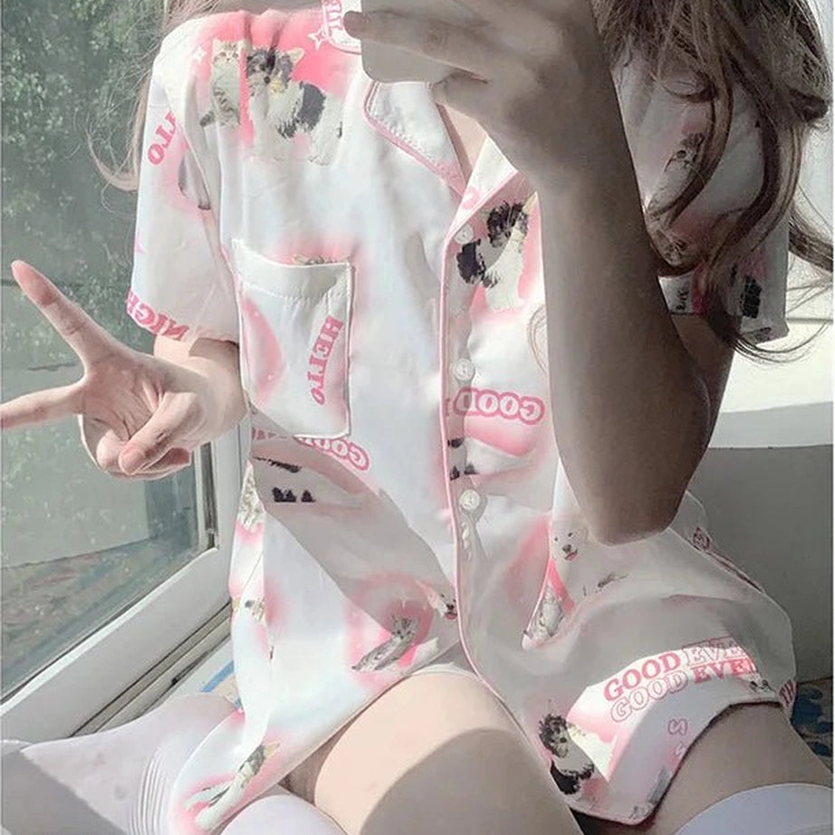 Kawaii Cartoon Cat Pajama Set 9118-Pink Shoptery