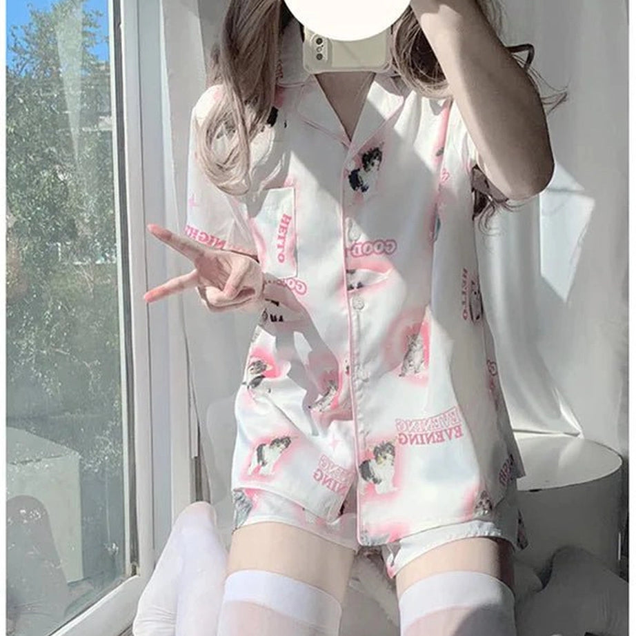 Kawaii Cartoon Cat Pajama Set Shoptery