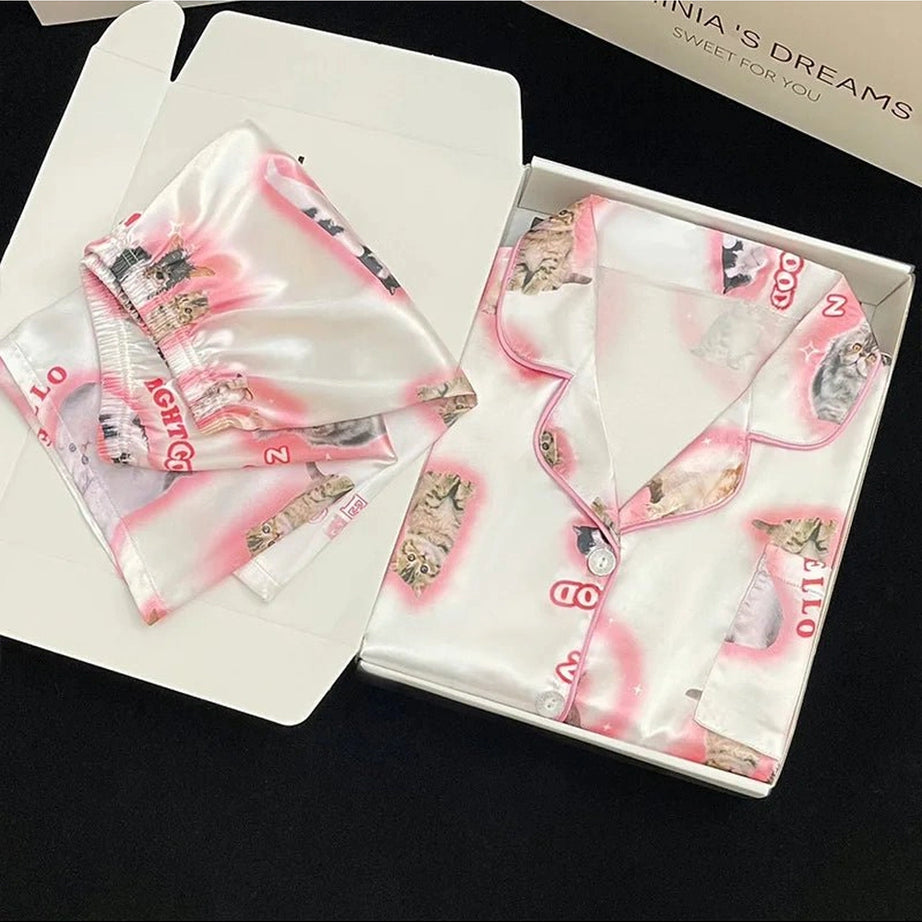 Kawaii Cartoon Cat Pajama Set Shoptery
