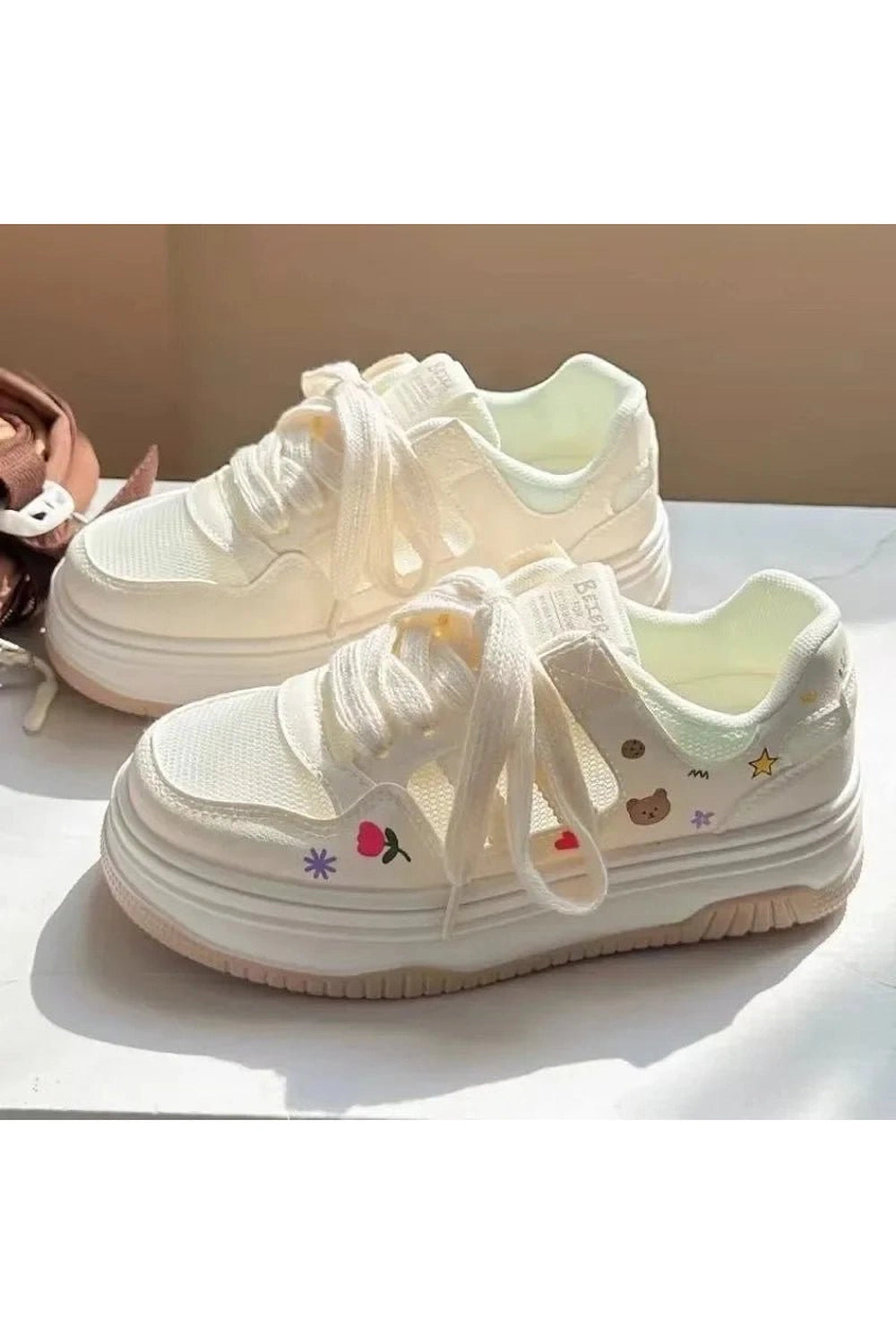 Kawaii Cartoon Mesh Sneakers Beige Shoptery