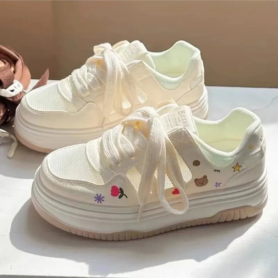 Kawaii Cartoon Mesh Sneakers Beige Shoptery