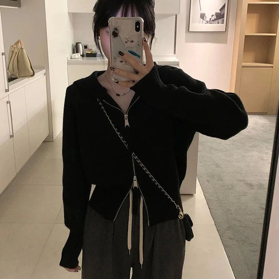 Aesthetic Acubi Solid Cardigan Black Shoptery