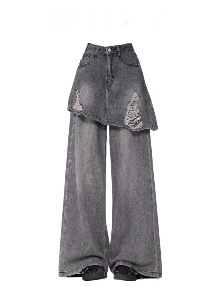 Grunge Skirted Flare Jeans Brown Shoptery