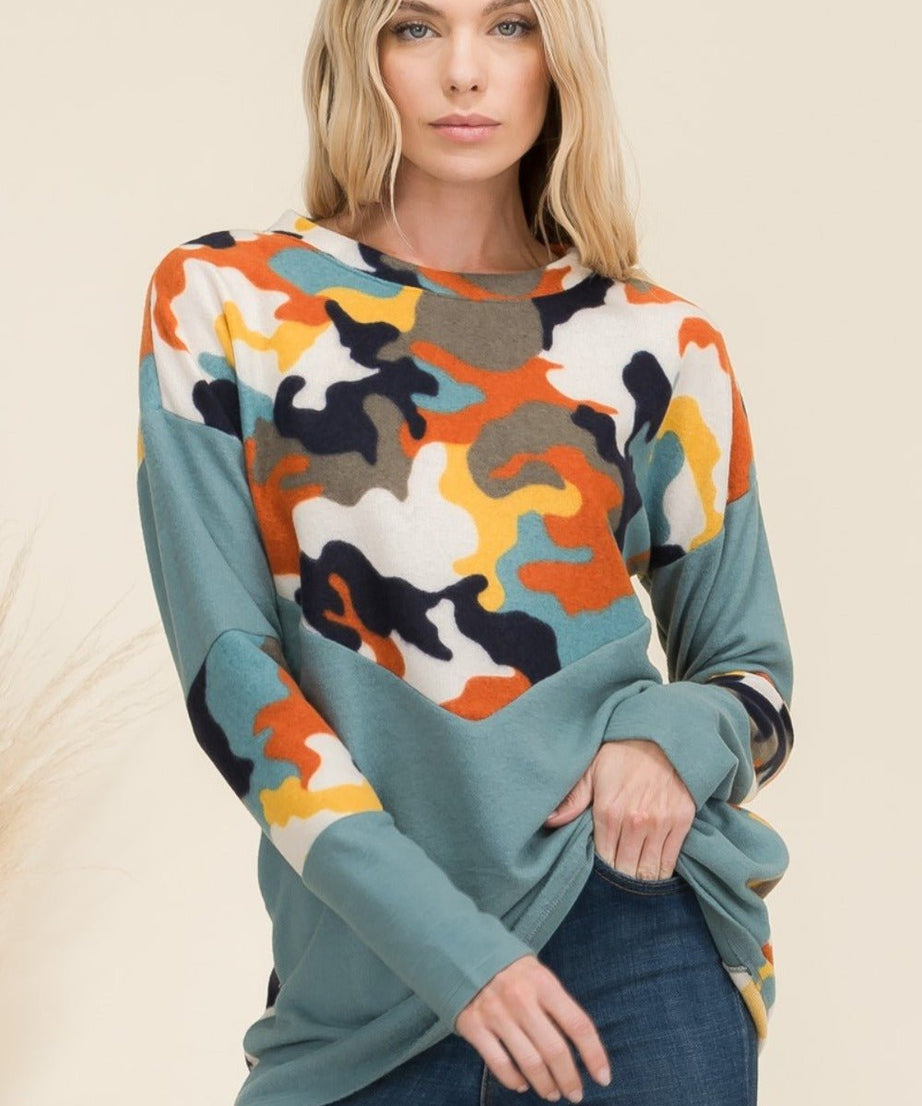 Celeste Full Size Camo Print Contrast Long Sleeve T-Shirt - test