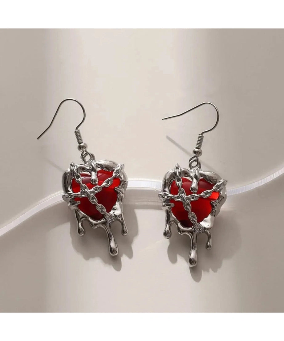 Chained Blood Heart Earrings - Earrings