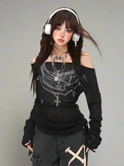 Chains of Midnight Edgy Off-Shoulder Top black Shoptery