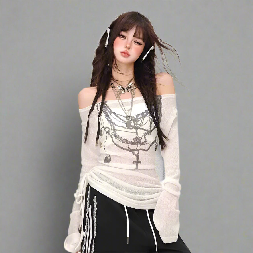 Chains of Midnight Edgy Off-Shoulder Top Beige Shoptery