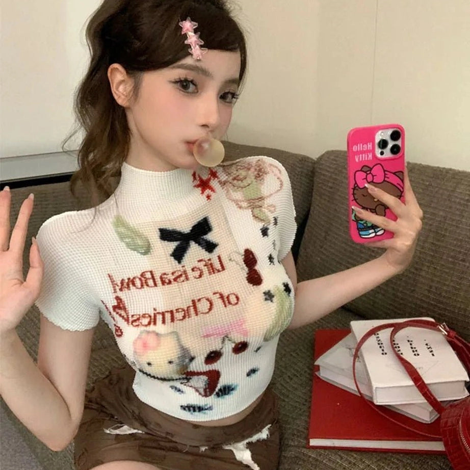 Kidcore Charming Melody Mesh Knit Top Beige One Size Shoptery