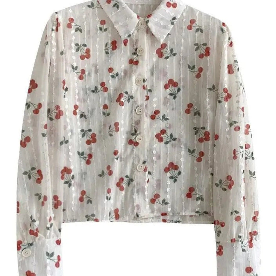 Cherry Blossom Coquette Button-Up Blouse Shoptery