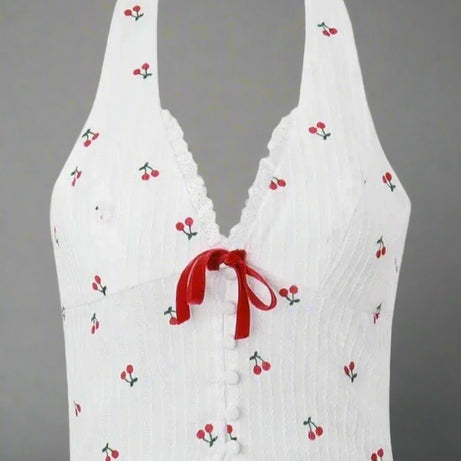 Coquette Cherry Blossom Lace-Up Halter Top WHITE Shoptery