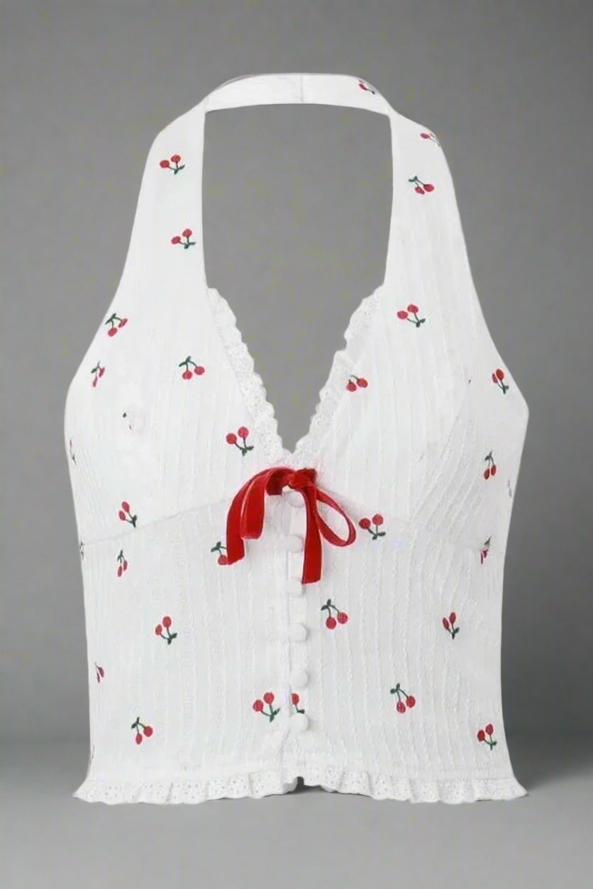 Coquette Cherry Blossom Lace-Up Halter Top WHITE Shoptery