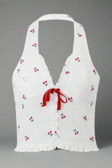 Coquette Cherry Blossom Lace-Up Halter Top WHITE Shoptery