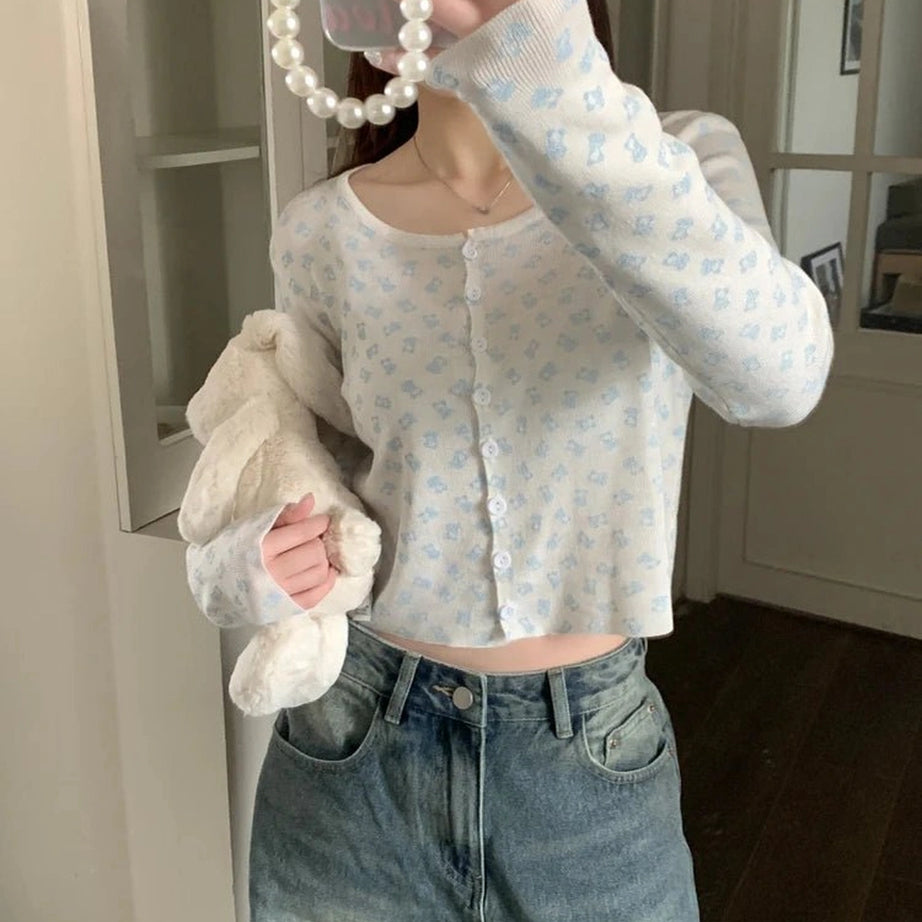 Coquette Fall Cherry Red Floral Cardigan white bear One Size CHINA Shoptery