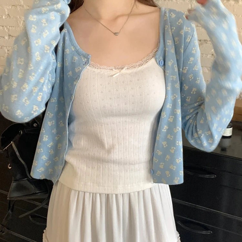 Coquette Fall Cherry Red Floral Cardigan blue One Size CHINA Shoptery