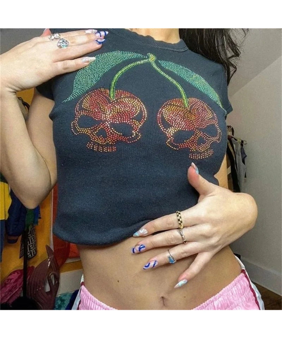 Cherry Skull Rhinestone Crop Top - Crop Tops