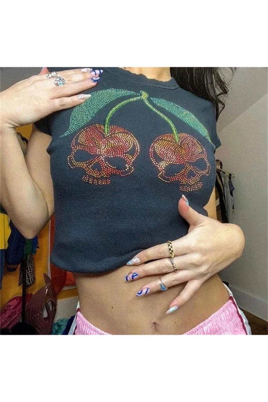 Cherry Skull Rhinestone Crop Top - Crop Tops