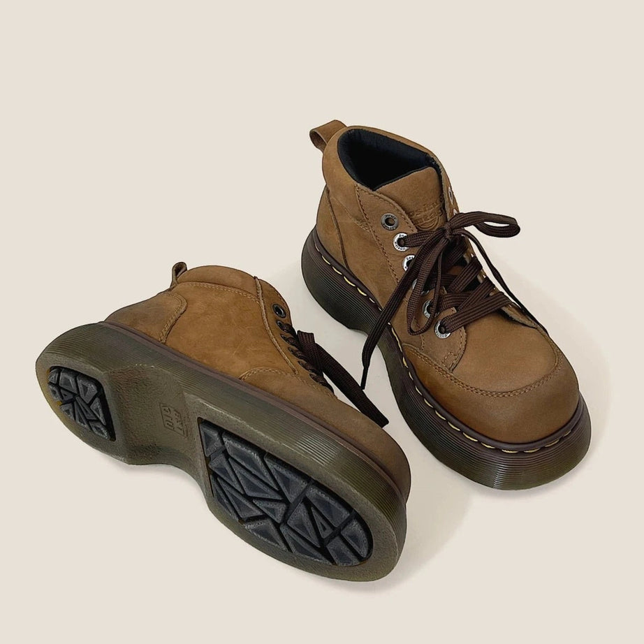 Retro Chunky Brown Leather Lace-Up Boots Shoptery