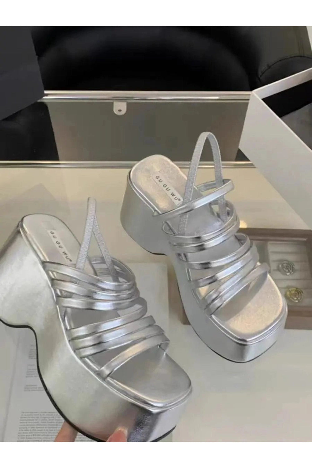 Aesthetic Alt Chunky Heels Sandals Silver Shoptery