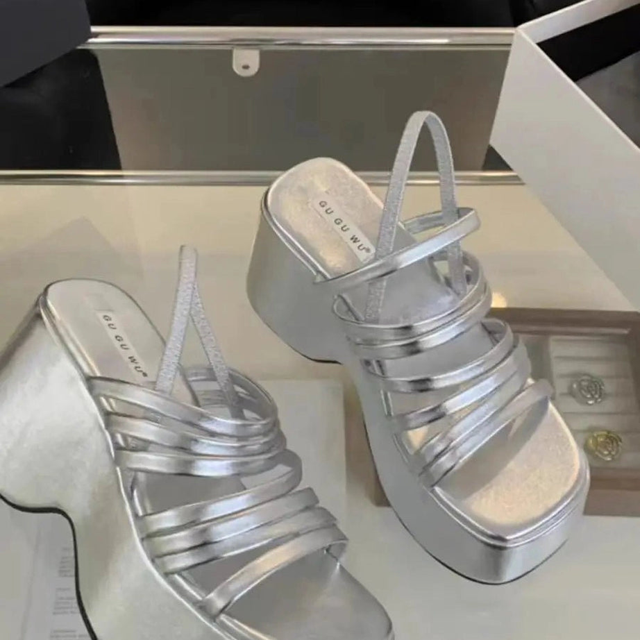 Aesthetic Alt Chunky Heels Sandals Silver Shoptery