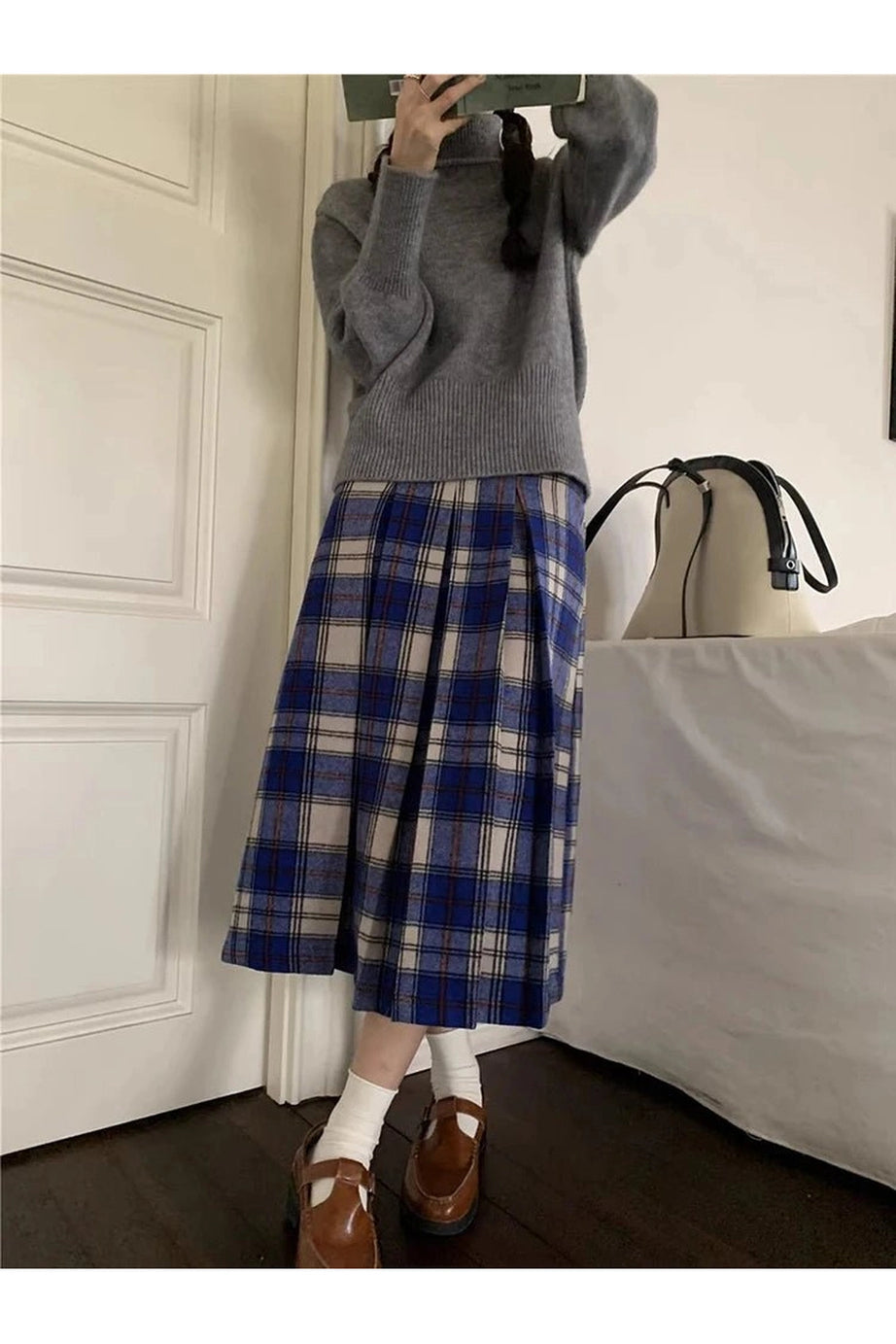 Classic Academia Plaid Midi Skirt - 