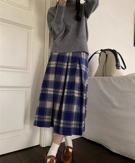 Classic Academia Plaid Midi Skirt - 