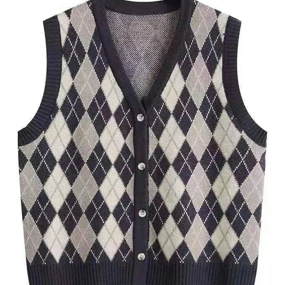 Retro Classic Argyle Knit Vest blue Shoptery