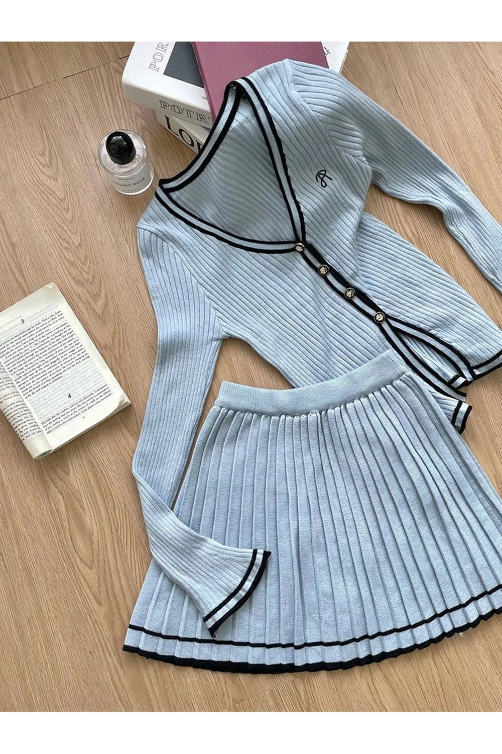 Retro Button-Up Pleated Skirt Outfit Set Shoptery