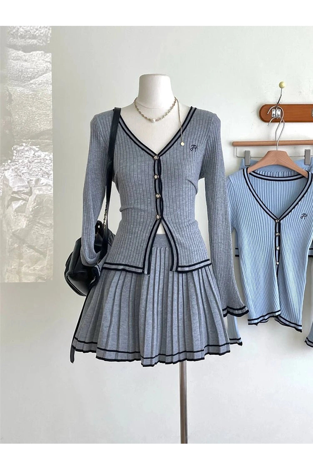 Retro Button-Up Pleated Skirt Outfit Set Grey Shoptery
