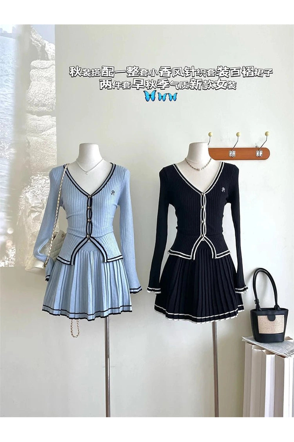 Retro Button-Up Pleated Skirt Outfit Set Shoptery