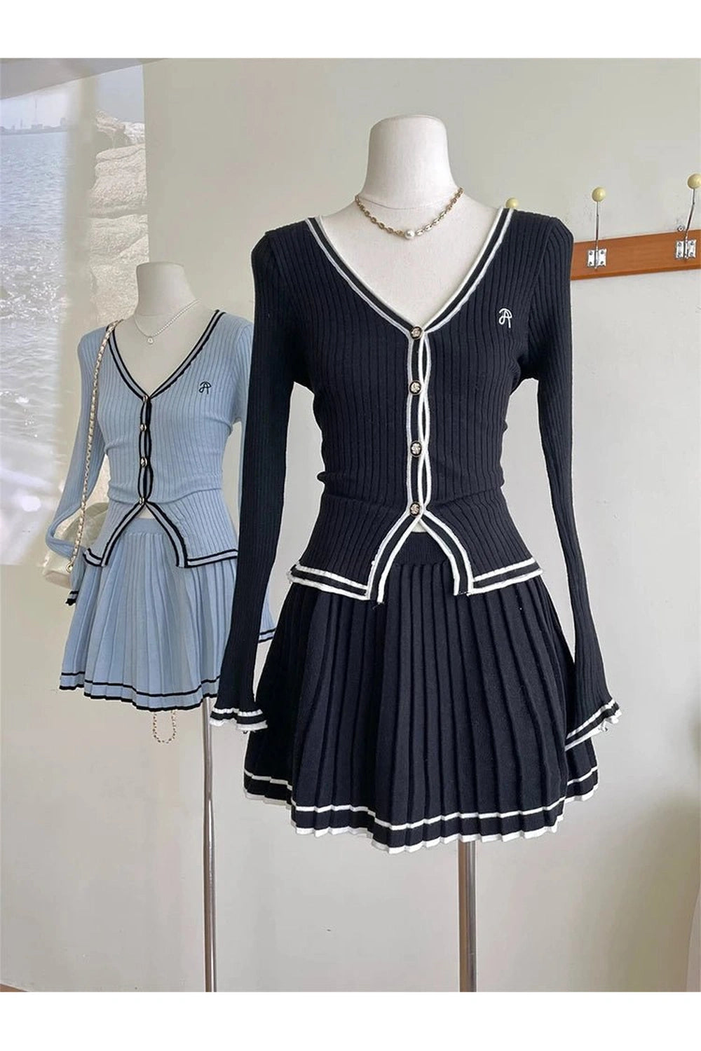 Retro Button-Up Pleated Skirt Outfit Set Black Shoptery